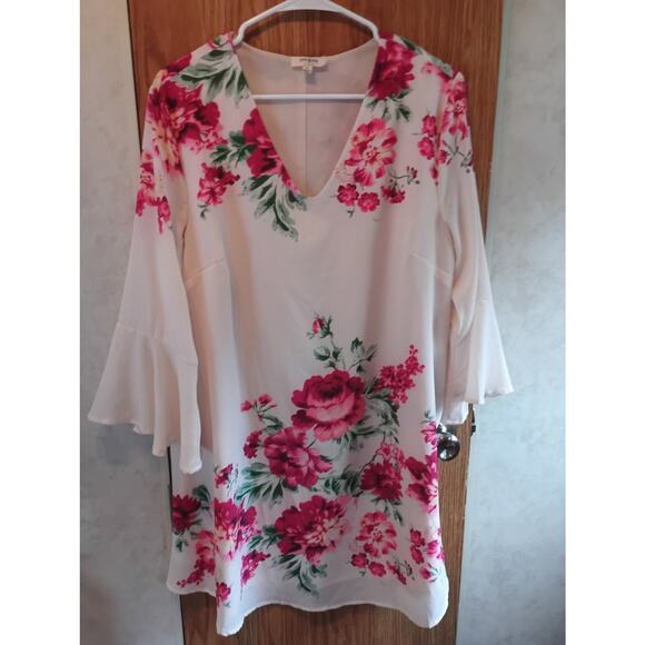 Umgee Floral Tunic Dress Pink Rose Print Loose Sheath Boho Cottage Size Medium - Picture 2 of 10